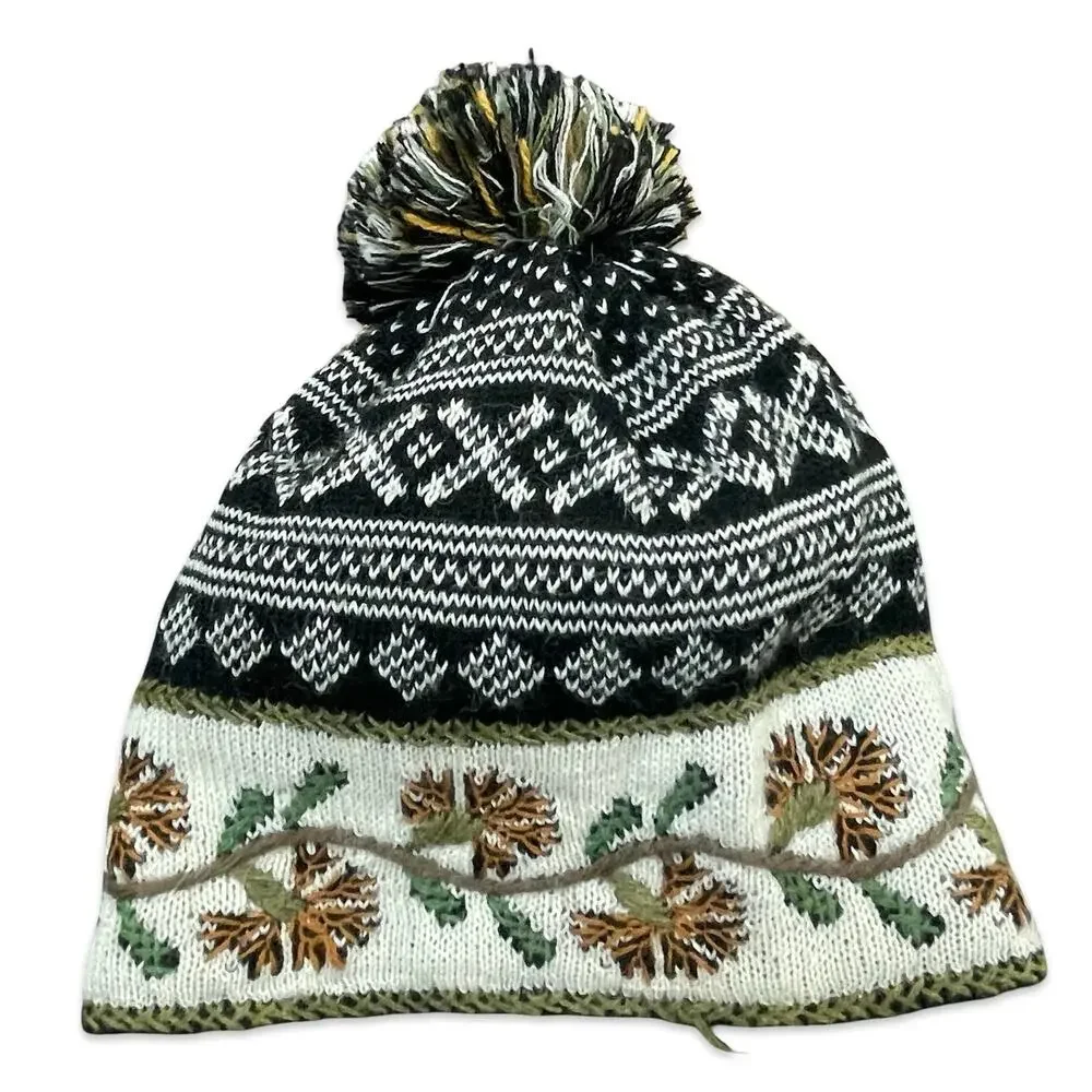Peruvian Link Alpaca Knit Pom Pom Beanie Hat Black Cream Floral Fair Isle Boho
